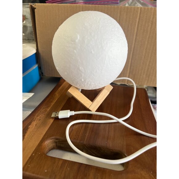 Led Moon Lamp White Night Light Touch Sensor with Wooden Stand & USB Cable - Picture 2 of 3